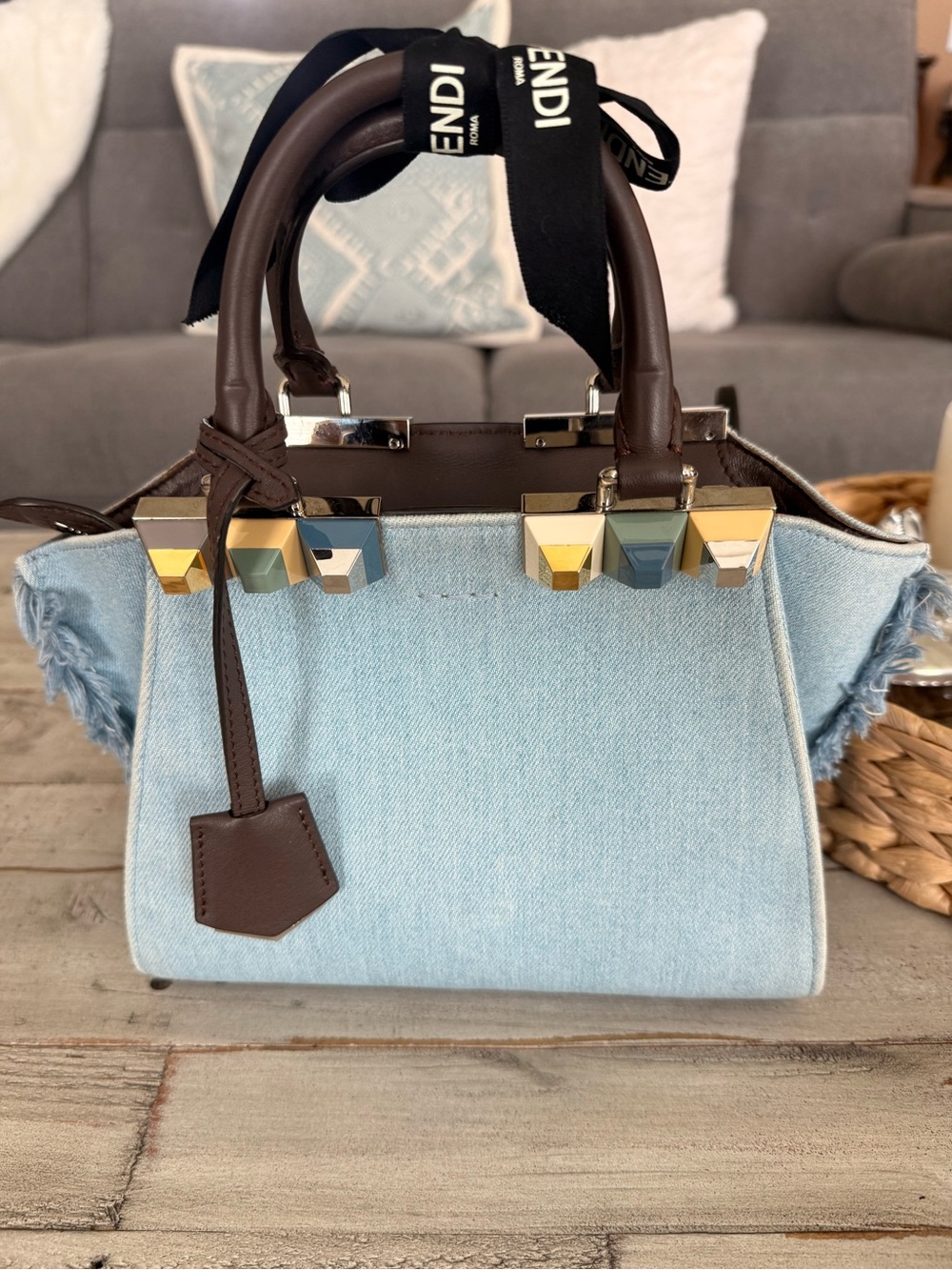 Fendi 3 Jours Mini - Rainbow Studs Light Blue Denim and Brown Leather Satchel